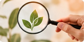 A magnifying glass examining a green leaf, representing careful assessment